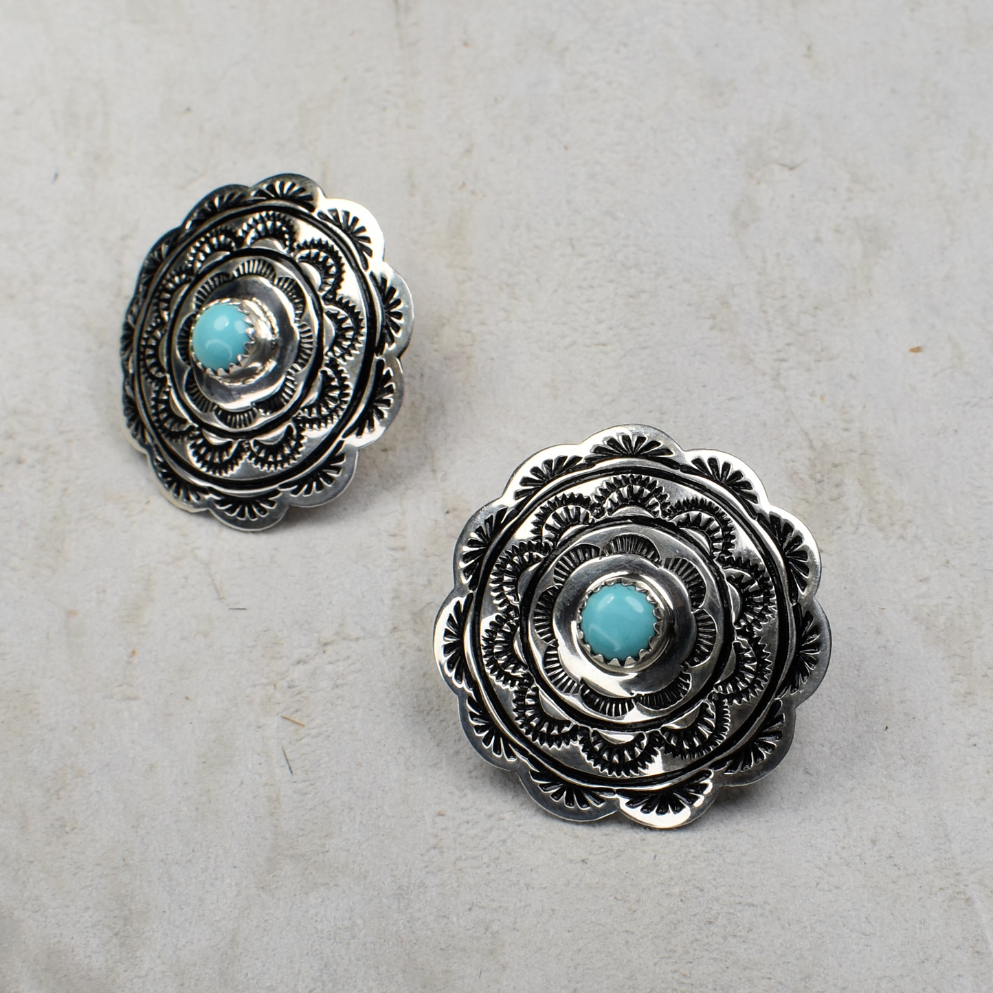 Hand-Stamped Concho Earrings with Sleeping Beauty Turquoise Inlay by Emily Arviso