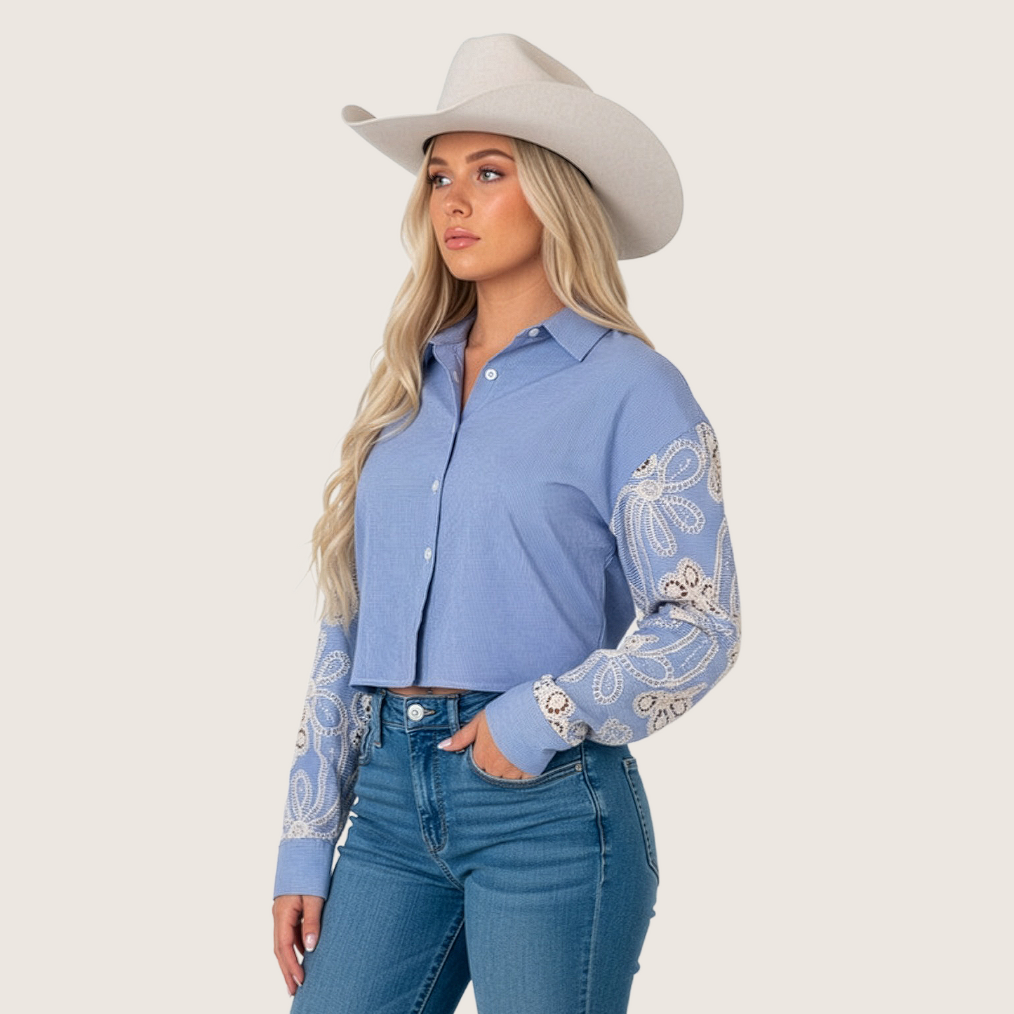 Sweetwater Daisy Cropped Embroidered Button-Down Shirt
