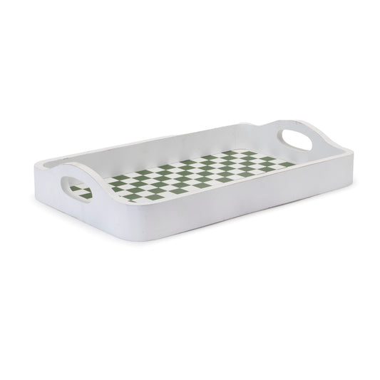 Green & White Checkered Wooden Tray with Handles