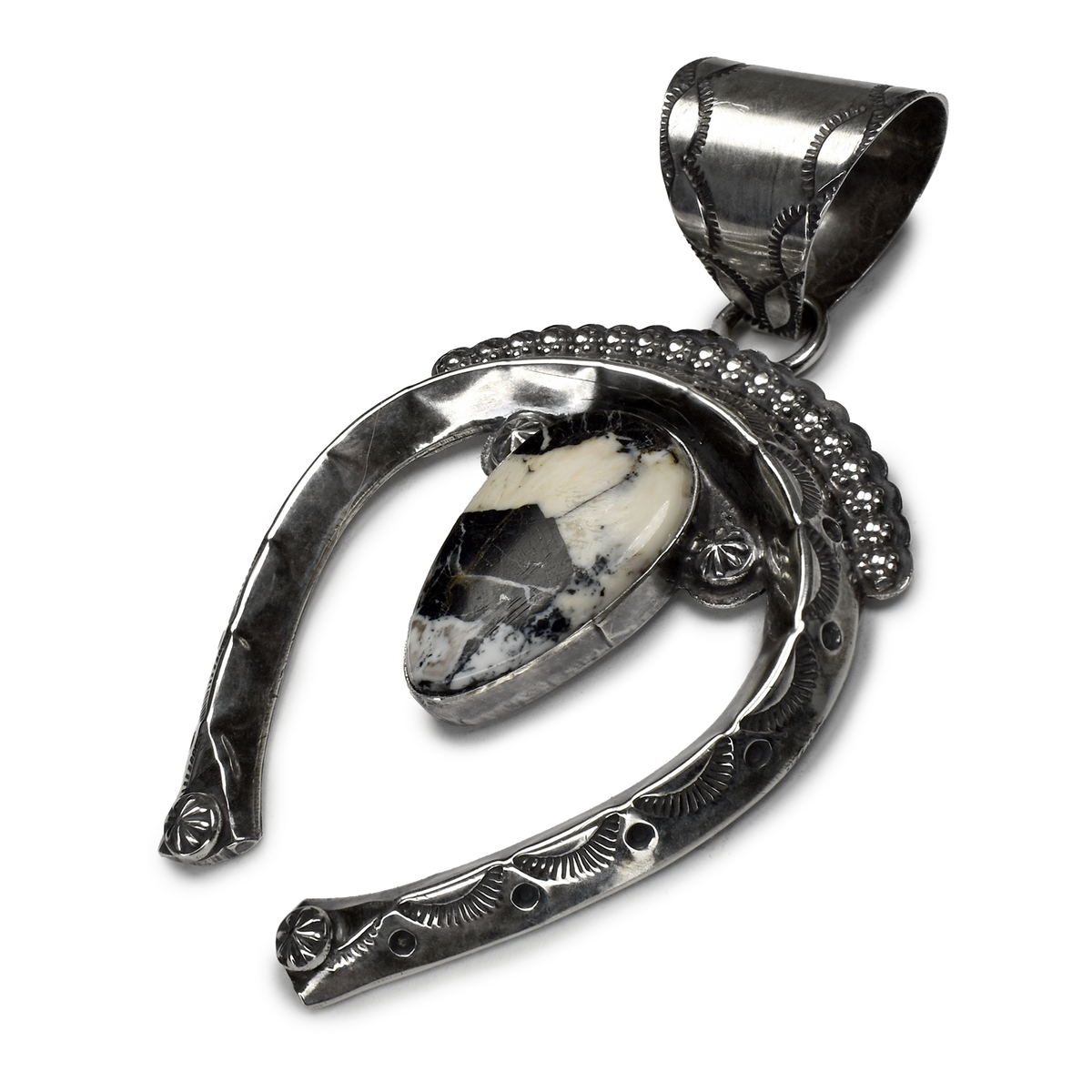 White Buffalo Naja Pendant with Scalloped and Stamped Silver by Teller Indian Jewelry