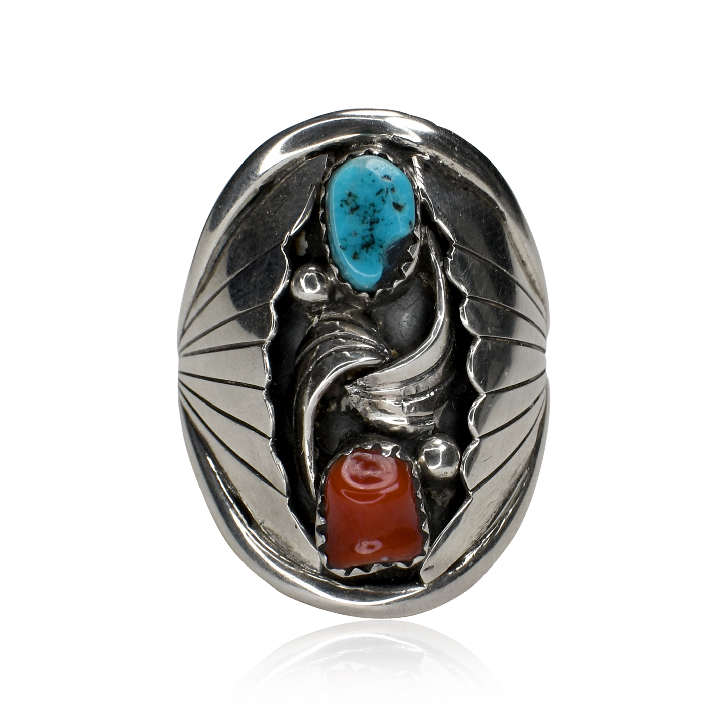 Southwest Harmony Vintage Turquoise and Coral Twin Stone Ring by Bernice Bonney