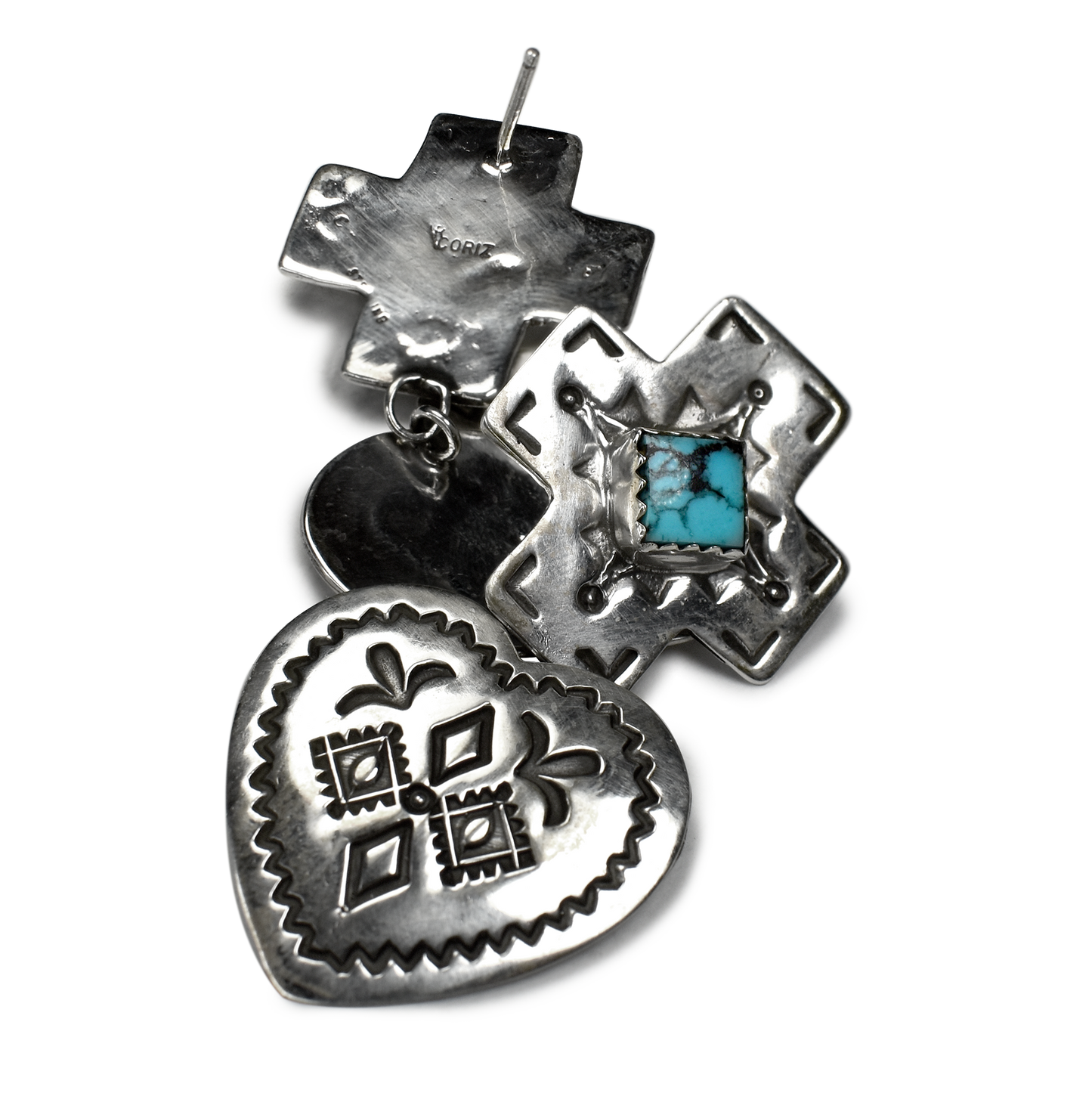 Kingman Turquoise Sacred Directions Heart Drop Earrings by Raymond Coriz