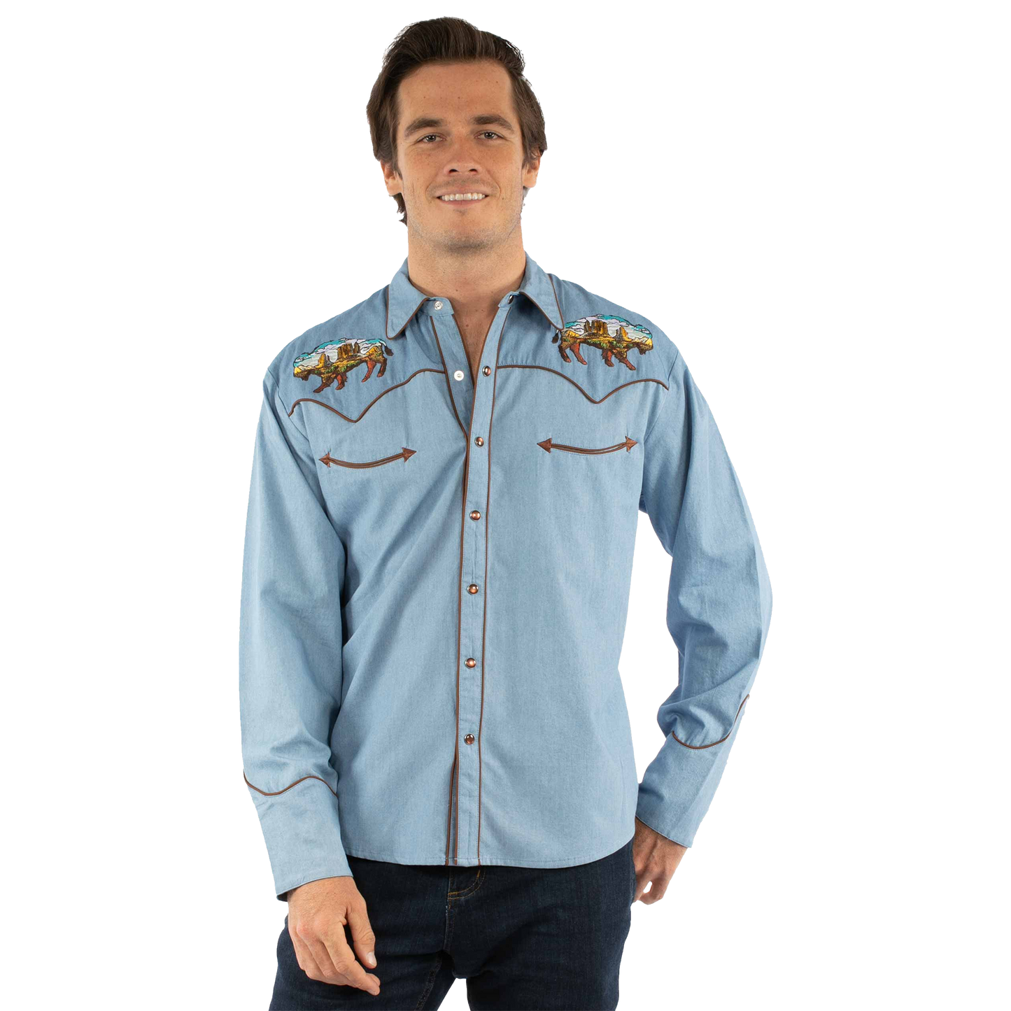 Men's Scully Buffalo Desert Embroidered Cotton Denim Pearl Snap Shirt