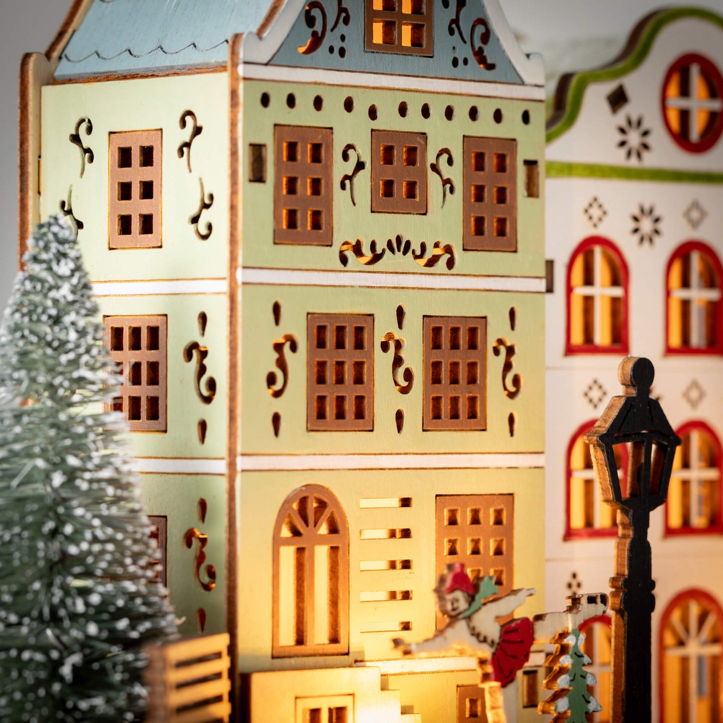 Wooden Lighted Houses Christmas Scene