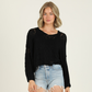 Women's Oversized Crop Woven V Neck Sweater - Black