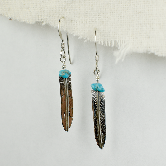 Small Prayer Feather Earrings with Turquoise Bead by Marvin Arviso