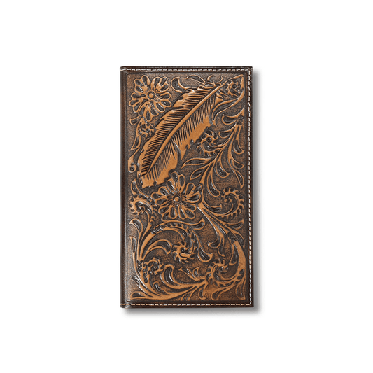 Brown Tooled Leather Feather Emblem Rodeo Wallet