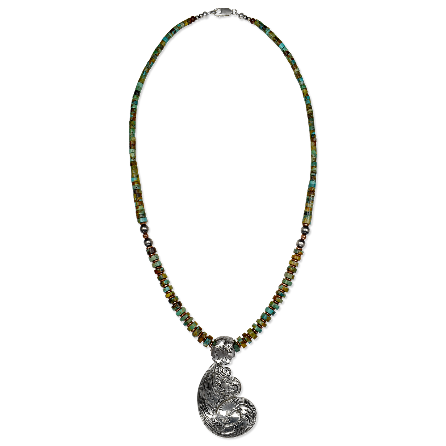 Turquoise Heishi Bead Necklace with Scroll Cut Sterling Pendant by Tim Shatraw