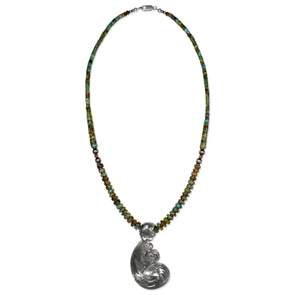 Turquoise Heishi Bead Necklace with Scroll Cut Sterling Pendant by Tim Shatraw