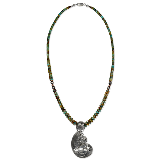Turquoise Heishi Bead Necklace with Scroll Cut Sterling Pendant by Tim Shatraw