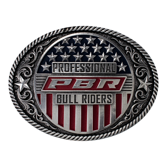 PBR Oval American Flag Silver Plated Belt Buckle