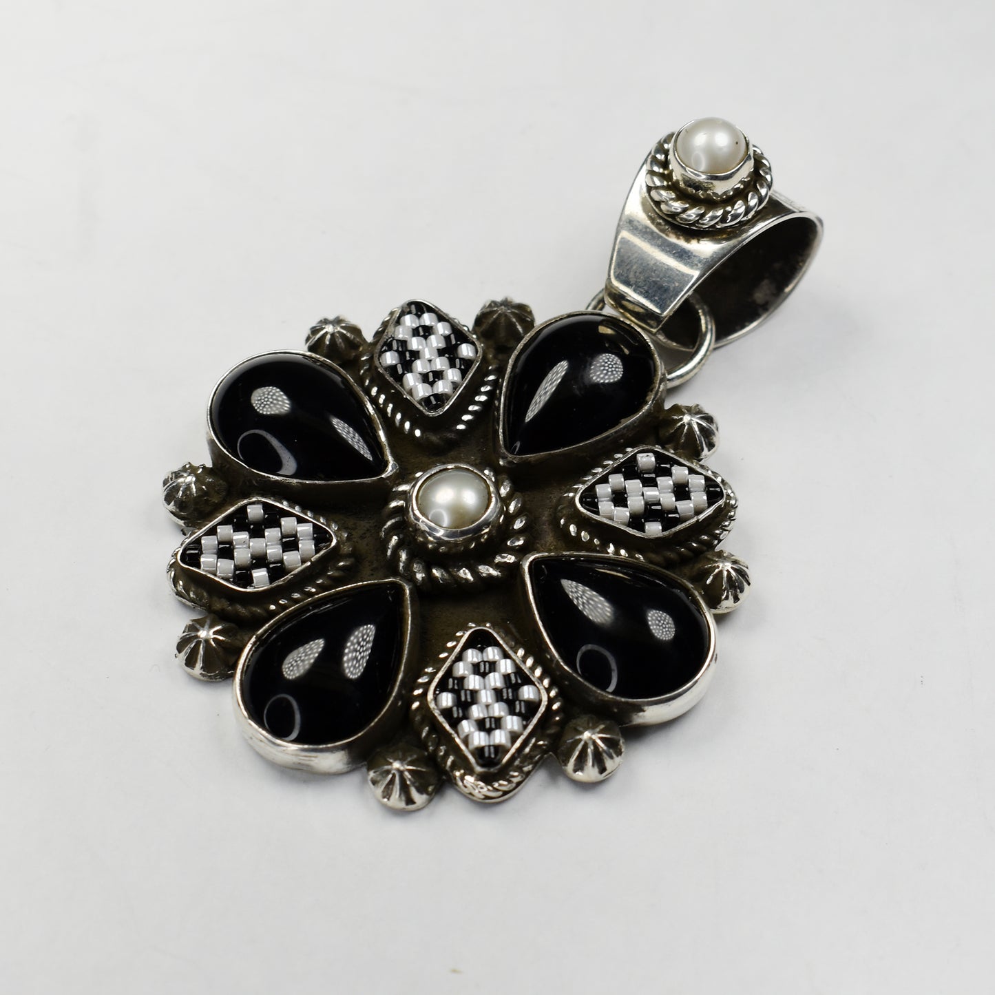 Pearl & Onyx Beadwork Cluster Pendant by Reklaw Silver