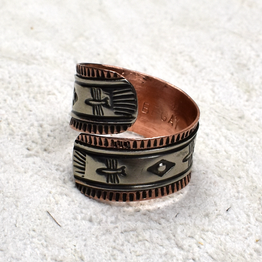 Copper and Nickel Wraparound Ring with Tribal Stamping by A. Begay