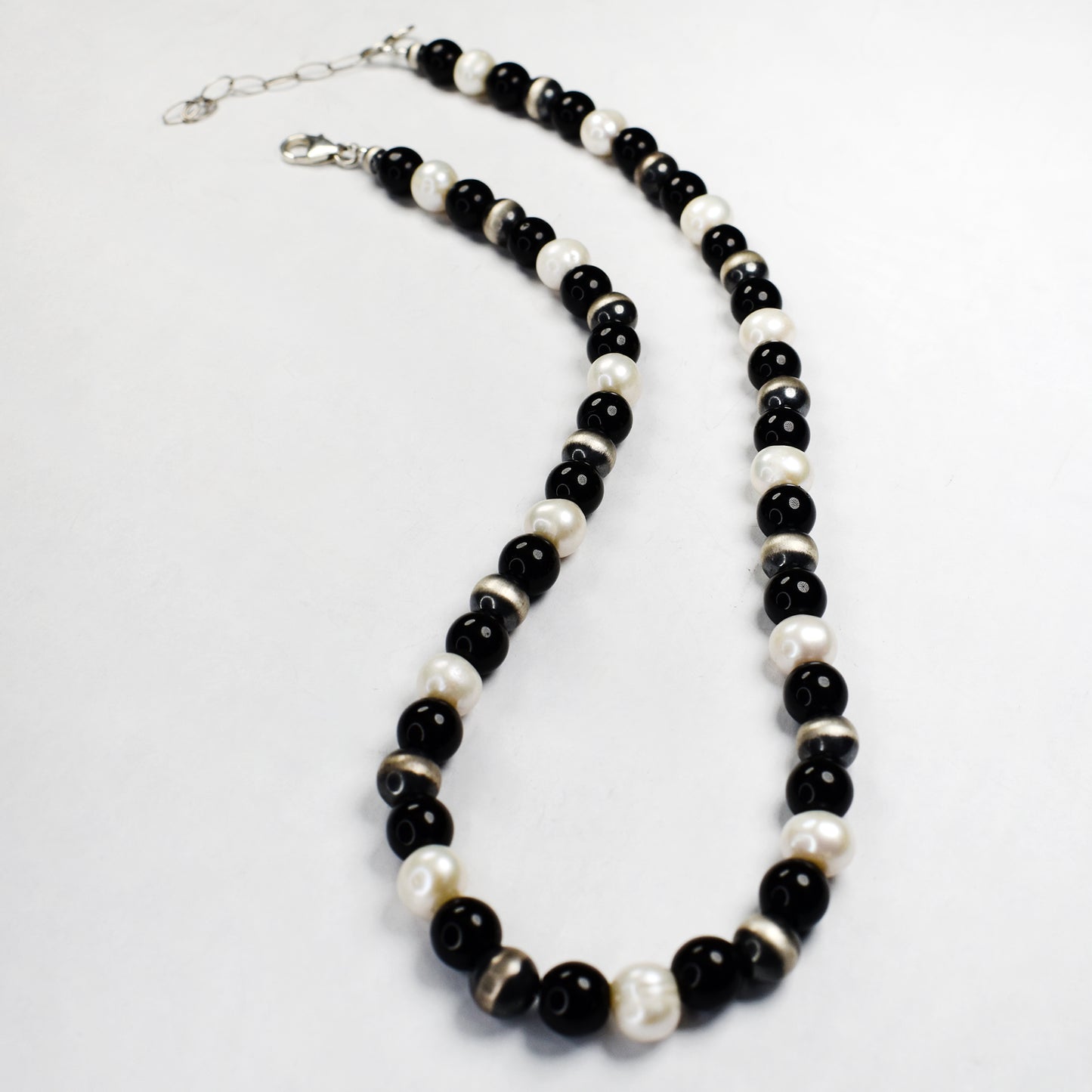 18" Onyx, Pearl & Sterling Silver Necklace by Reklaw Silver