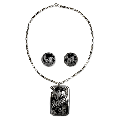 The Weaver's Journey Silver Overlay Storyteller Necklace & Earring Set by James Lee Jr.