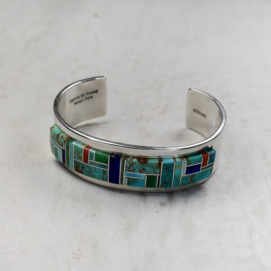 Turquoise, Lapis, and Coral Geometric Inlay Cuff by Patricia Ed Becenti