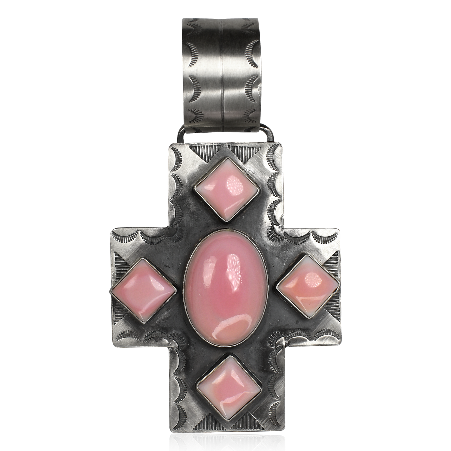 Five Stone Pink Conch Shell Cross Pendant by Rocki Gorman