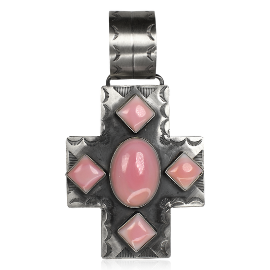Five Stone Pink Conch Shell Cross Pendant by Rocki Gorman
