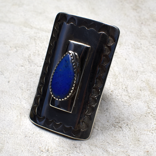 Rectangular Hand-Stamped Statement Ring with Teardrop Lapis Stone by Delbert Secatero