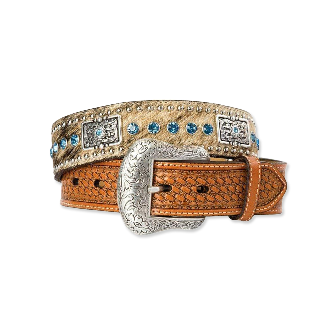 Men's Nocona Calf Hair Concho Belt with Blue Crystals
