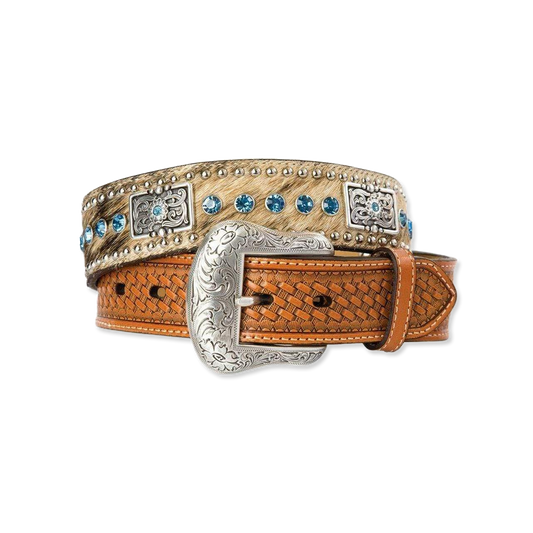 Men's Nocona Calf Hair Concho Belt with Blue Crystals