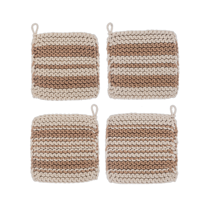 Tan Stripe Cotton Crochet Pot Holder, Set of 4