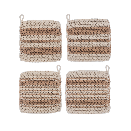 Tan Stripe Cotton Crochet Pot Holder, Set of 4
