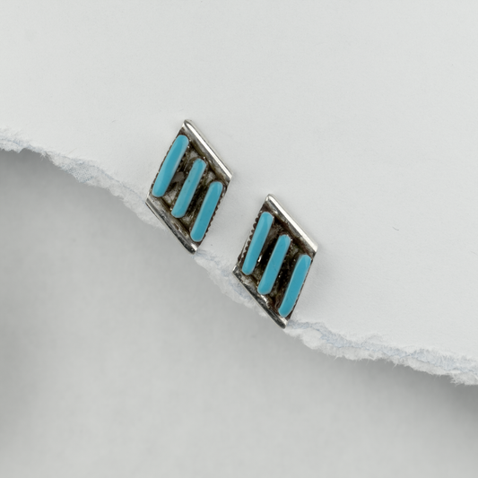 Sleeping Beauty Turquoise Diagonal Diamond Stud Earrings by Chetus Lamy