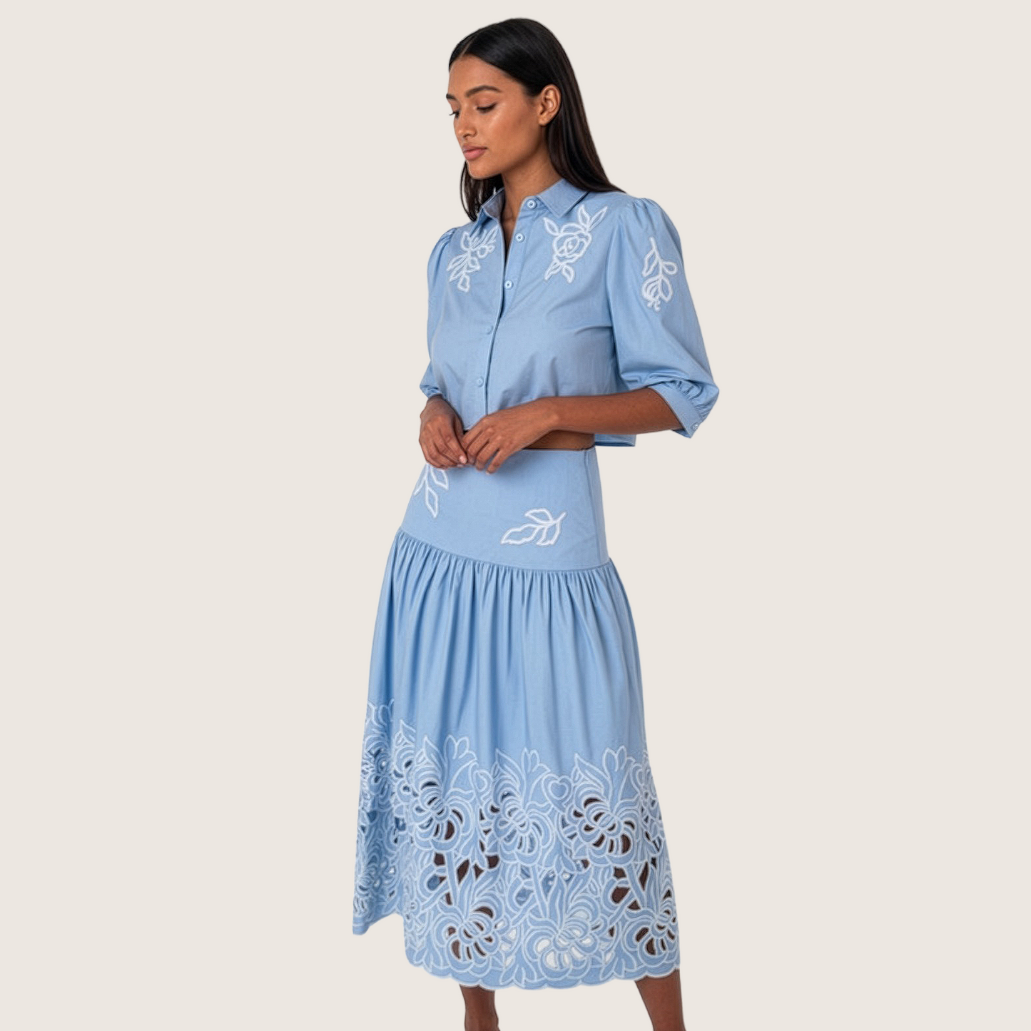 Prairie Rosette High-Waisted Embroidered Cutwork Skirt