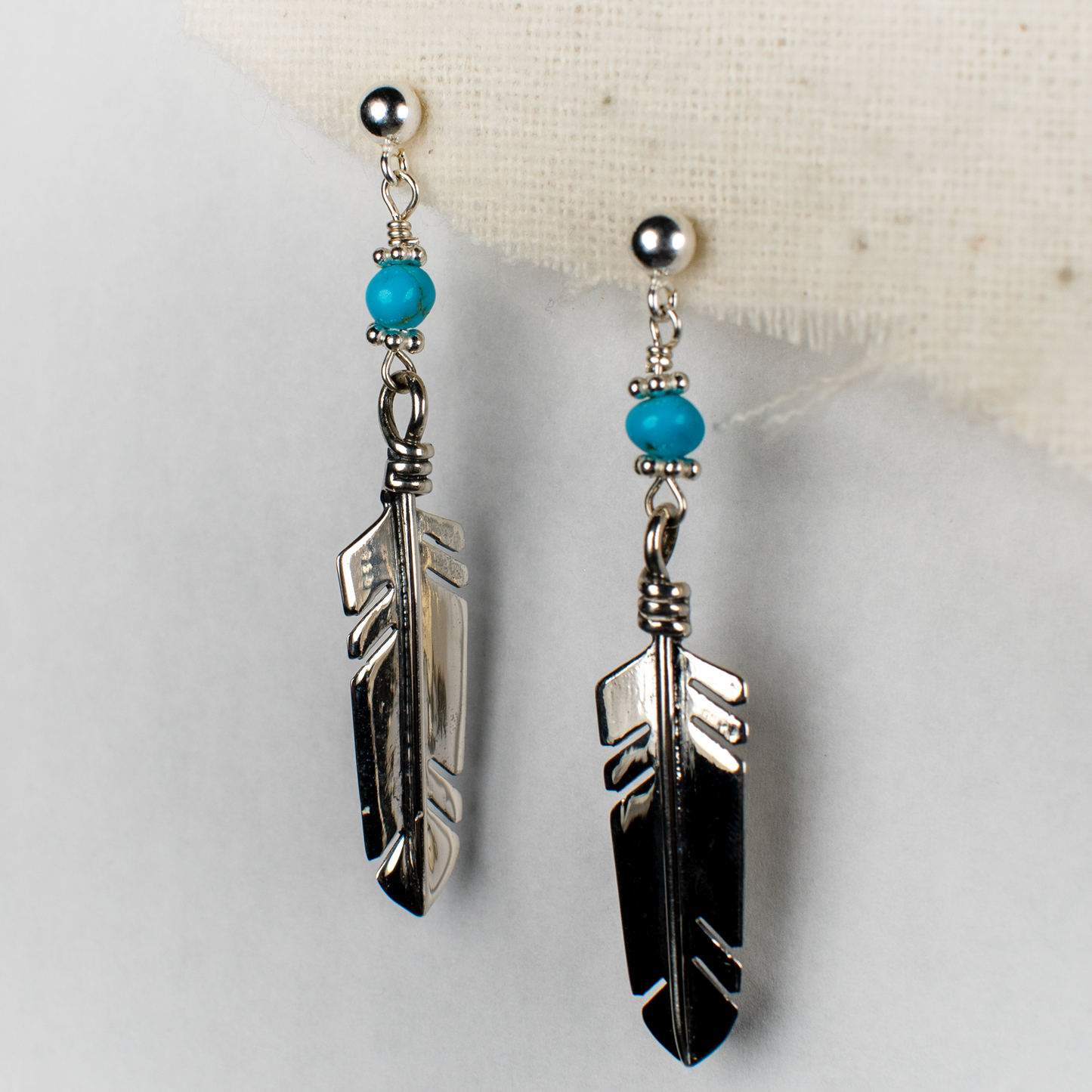 Feather Drop Earrings with Turquoise Bead