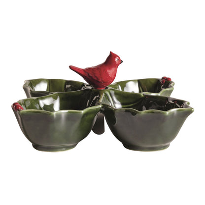 Holly Leaf Sectioned Serving Dish with Cardinal Spreader