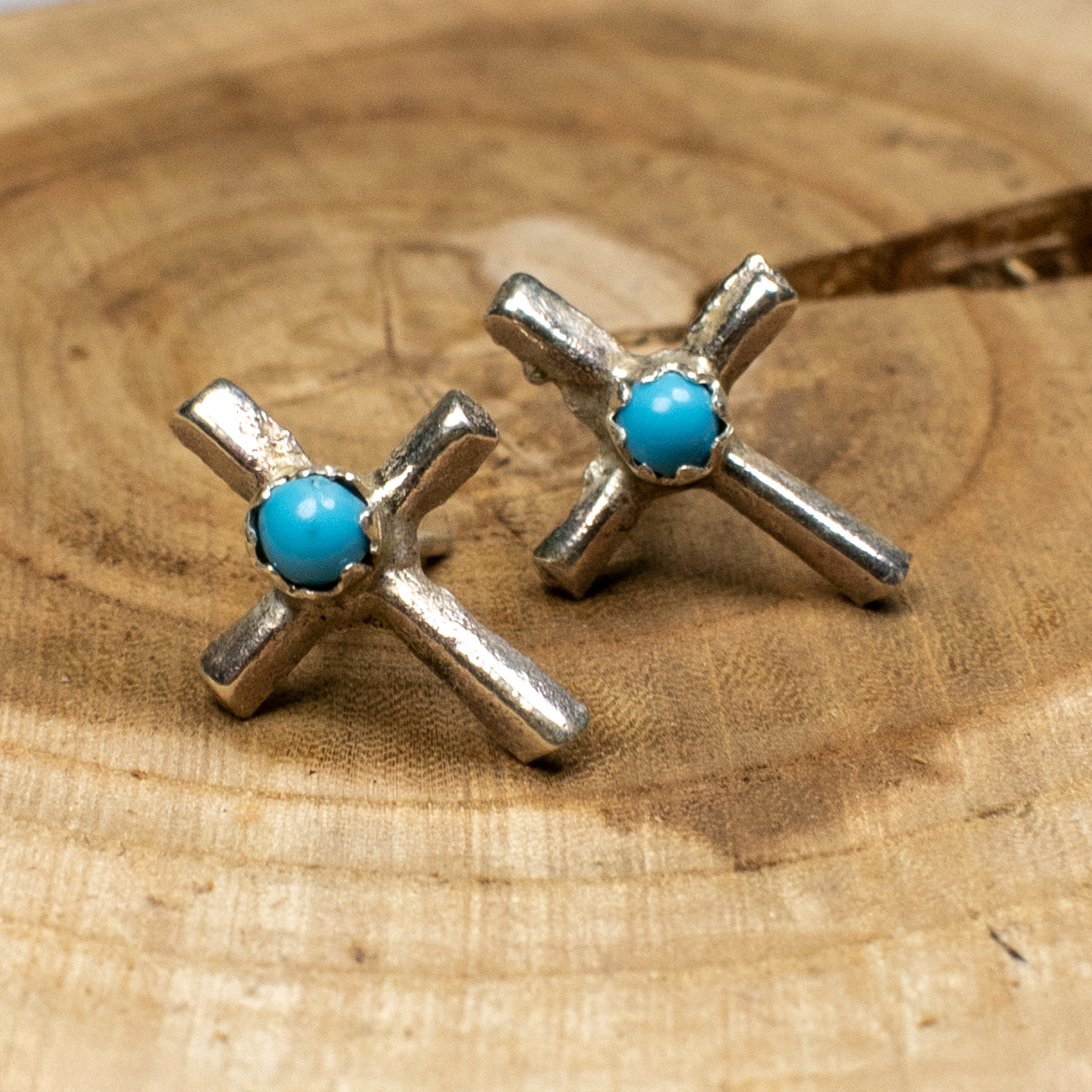 Small Turquoise and Sterling Silver Cross Stud Earrings