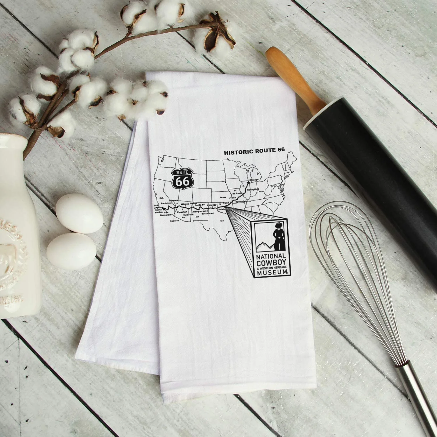 Route 66 Museum Logo Zoom Map Cotton Tea Towel