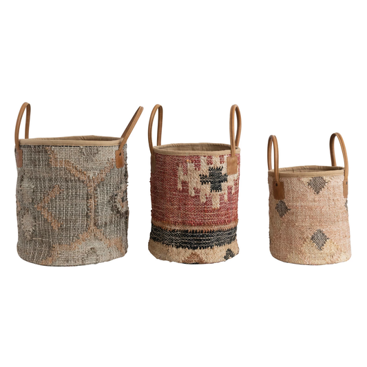 Jute & Cotton Kilim Baskets with Leather Handles