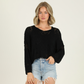 Women's Oversized Crop Woven V Neck Sweater - Black