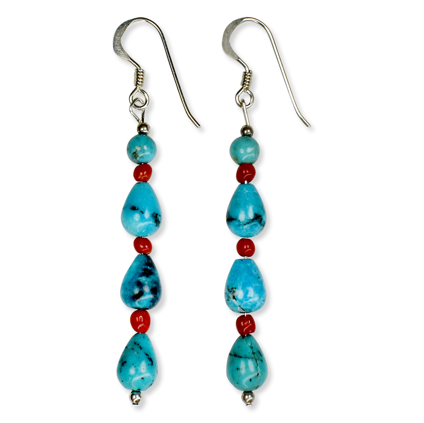 Kingman Turquoise and Coral Multi Stone Drop Earrings by Teller Indian Jewelry