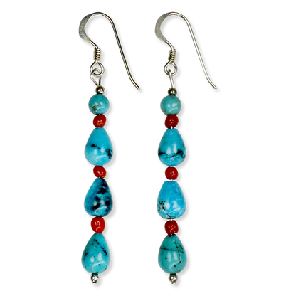 Kingman Turquoise and Coral Multi Stone Drop Earrings by Teller Indian Jewelry