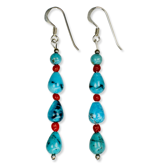 Kingman Turquoise and Coral Multi Stone Drop Earrings by Teller Indian Jewelry