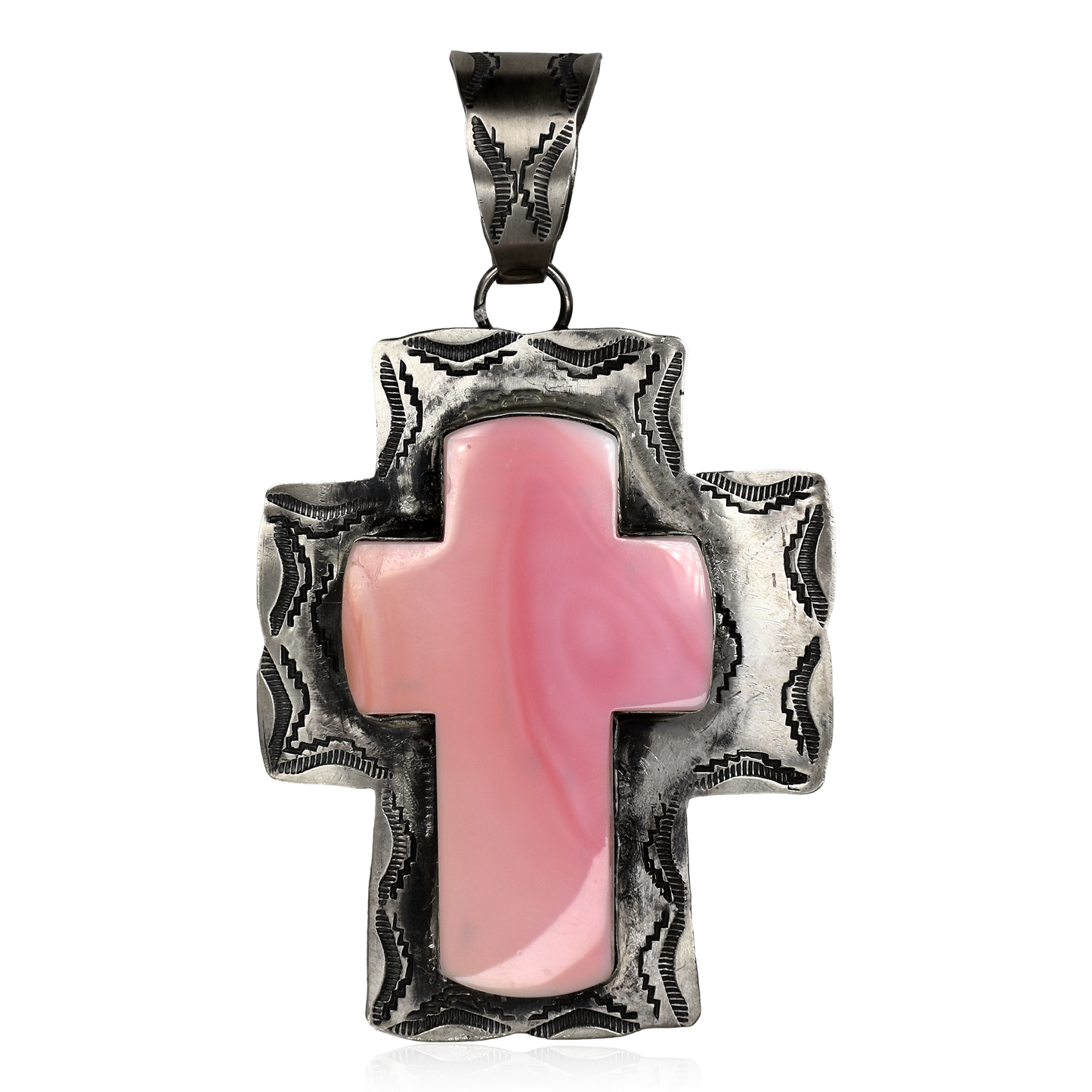 Large Stamped Pink Conch Shell Cross Pendant by Rocki Gorman