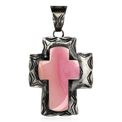 Large Stamped Pink Conch Shell Cross Pendant by Rocki Gorman
