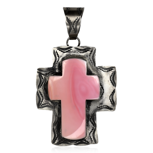 Large Stamped Pink Conch Shell Cross Pendant by Rocki Gorman