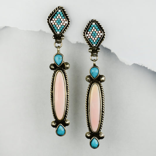 Pink Queen Conch & Kingman Turquoise Beaded Drop Earrings by Reklaw Silver