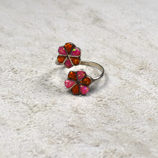 Adjustable Pink and Orange Opal Double Daisy Ring