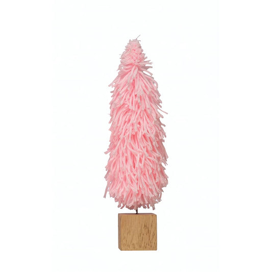 Fabric Yarn Tree with Wood Block Base - Pink Medium