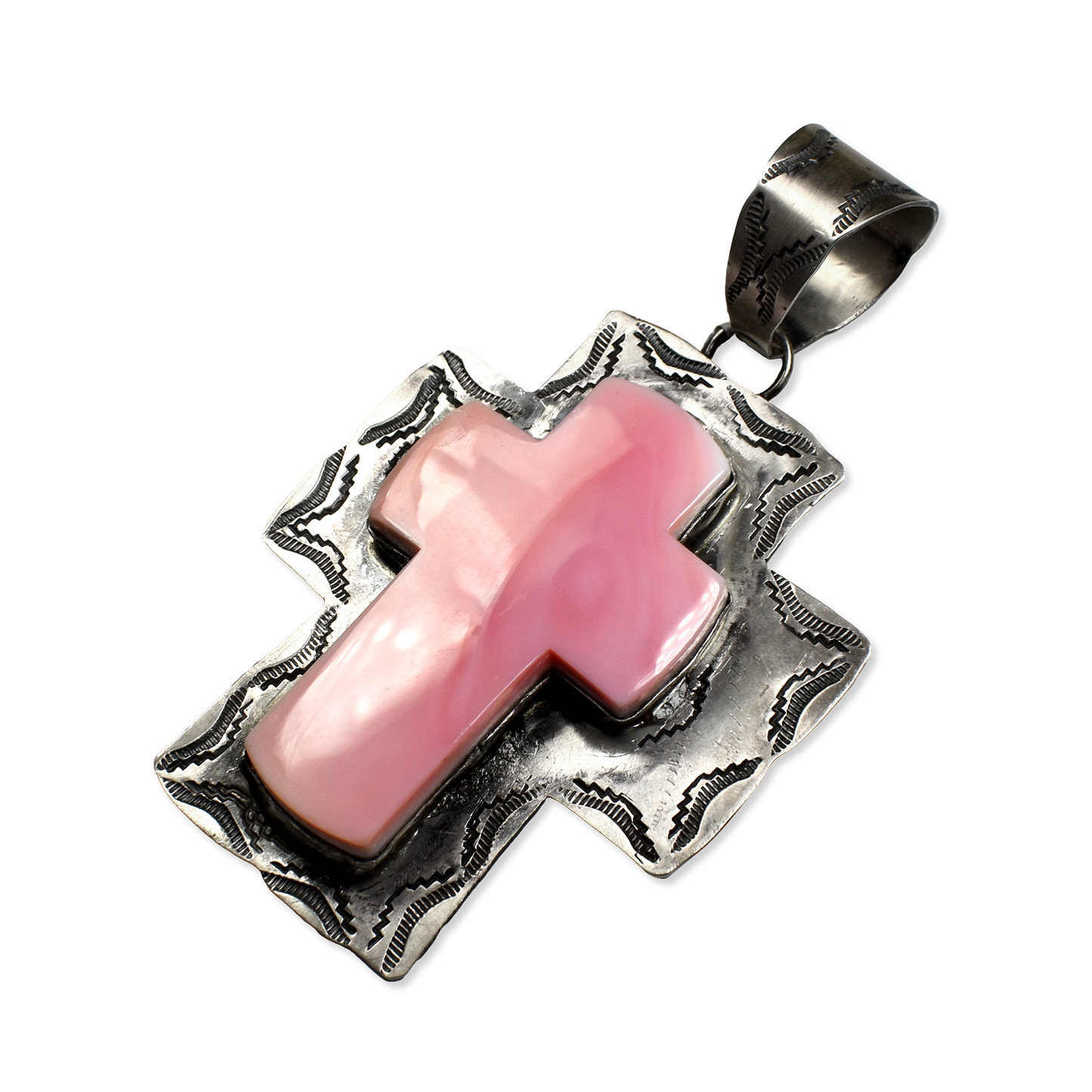 Large Stamped Pink Conch Shell Cross Pendant by Rocki Gorman