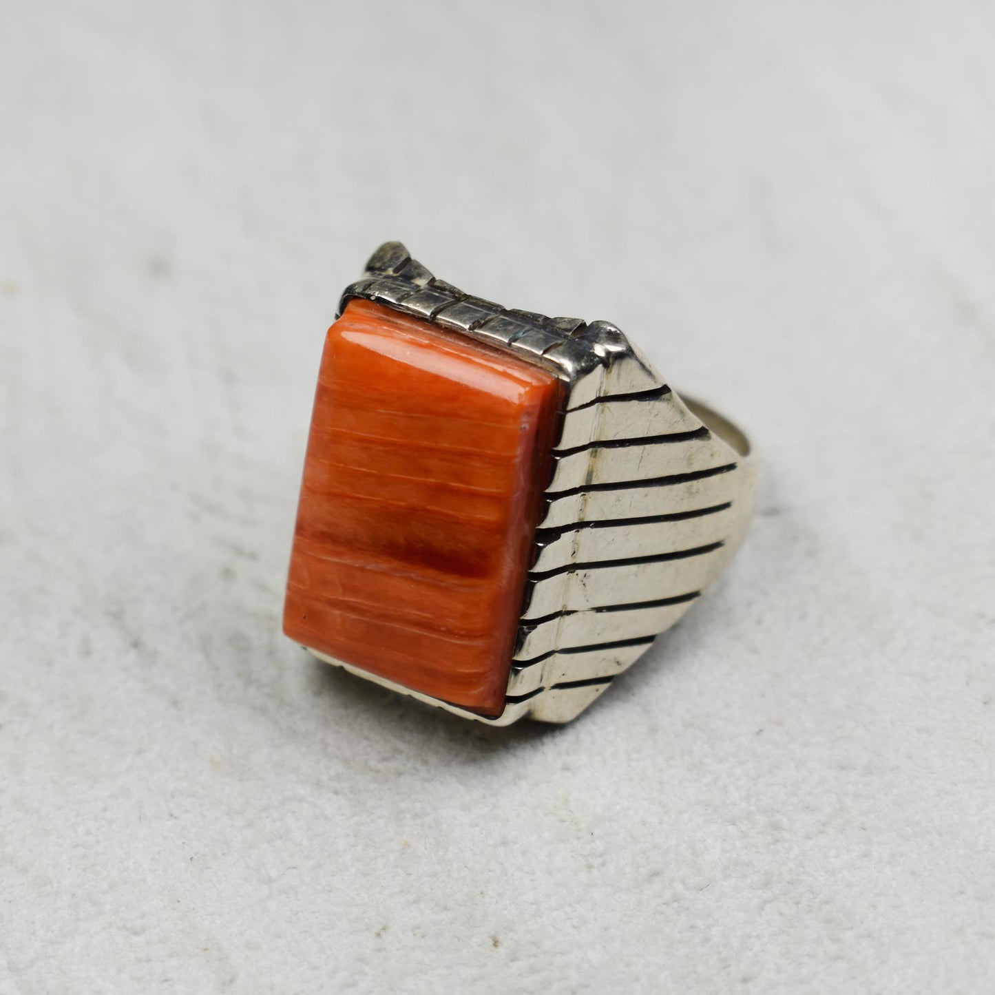 Rectangular Spiny Oyster Ring with Etched Setting