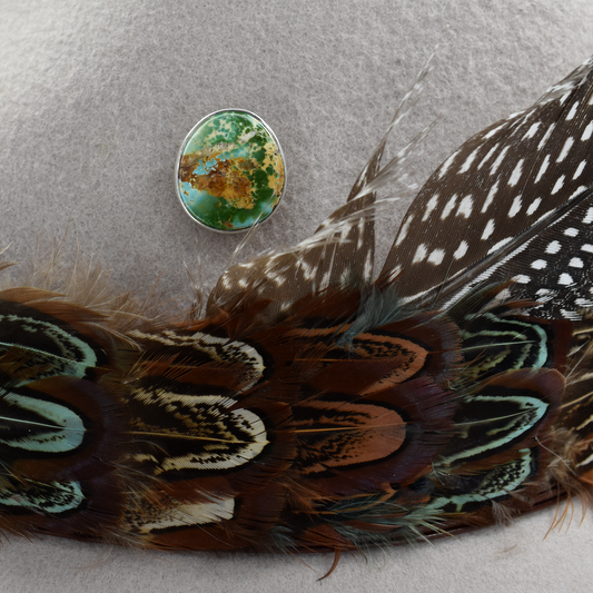 Hallett Peak Military Macaw Feather Hat Pin with Kingman Turquoise and Moonstone