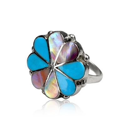 Sleeping Beauty Turquoise and Pink Opal Flower Inlay Ring