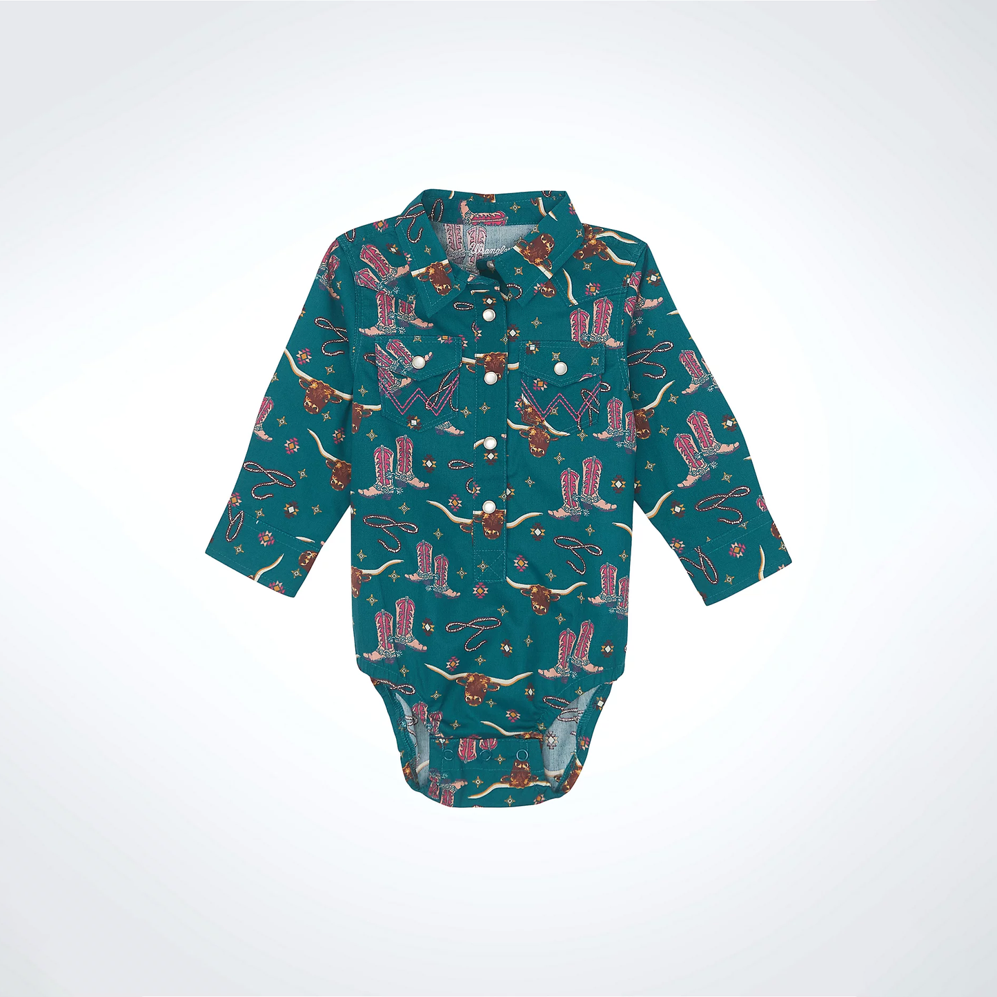 Wrangler Baby Girl's Long Sleeve Allover Print Western Snap Onesie - Deep Teal