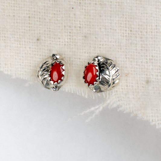 Small Feather Stud Earrings with Coral Stone